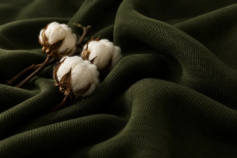 Editorial material study of natural cotton bolls against deep olive fabric