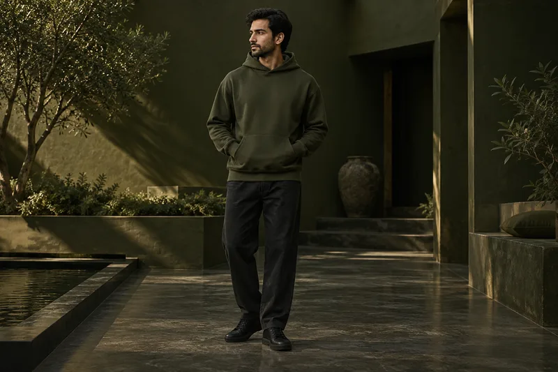 Editorial styling inspiration: a man wearing a deep olive hoodie in an olive courtyard