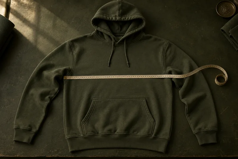 Editorial illustration of a tailor’s tape laid across a deep olive hoodie