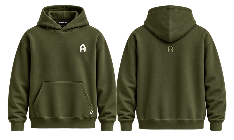 HoodiePK cotton hoodie, front and back, in a deep olive campaign colour treatment