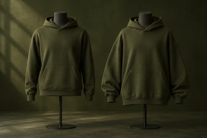 Editorial illustration comparing two deep olive hoodie silhouettes