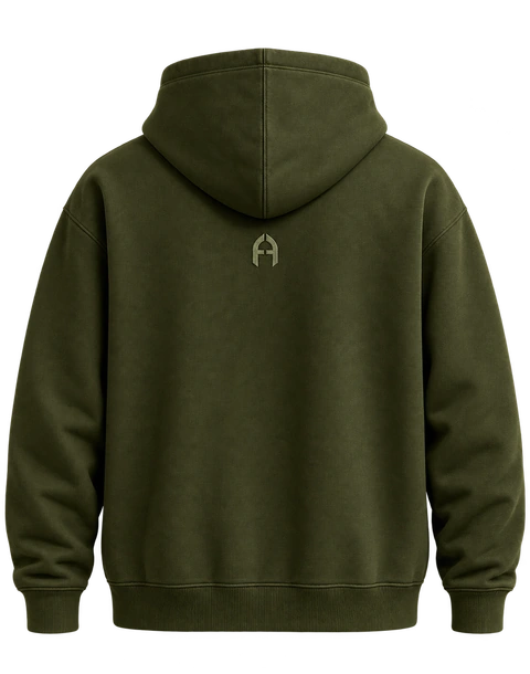 HoodiePK dark olive cotton hoodie, back detail crop from the original photograph