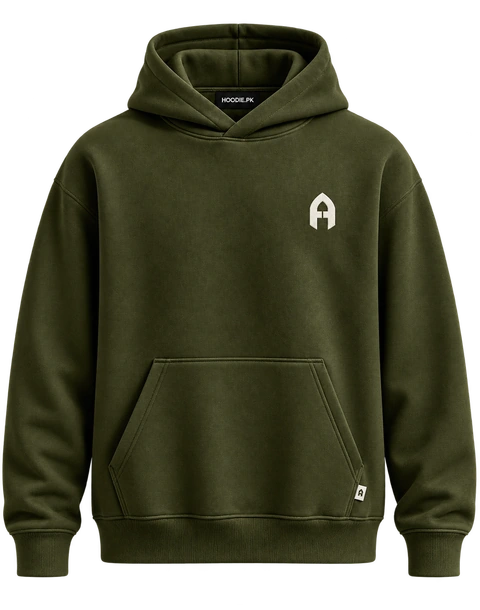 HoodiePK dark olive cotton hoodie, front detail crop from the original photograph